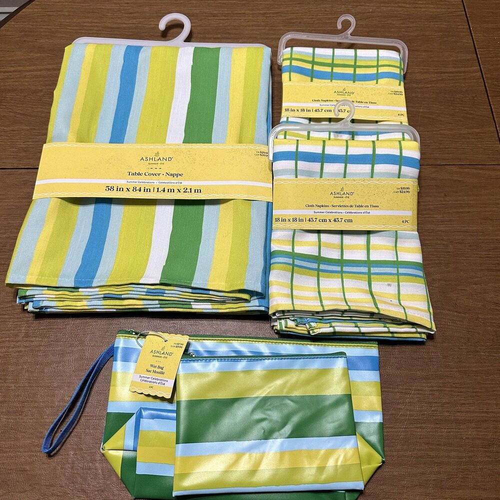 Ashland Outdoor Patio Large Table Cloth 8 Napkin Wet Bag Lot Blue Green Plaid